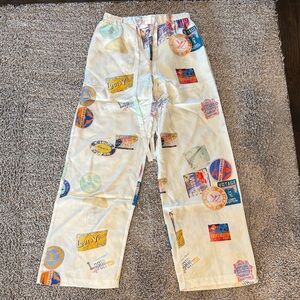 Louis Vuitton White Silk Colorful Travel Logo Patches Pants